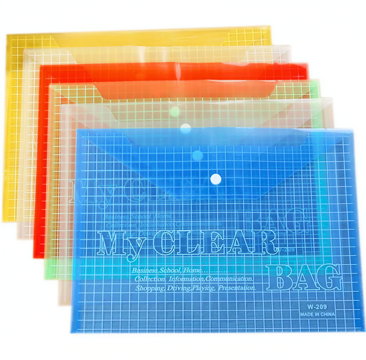 Stack of 6 colorful MyGear A3 clear bags in yellow, white, red, orange, green, and blue with grid pattern and snap buttons