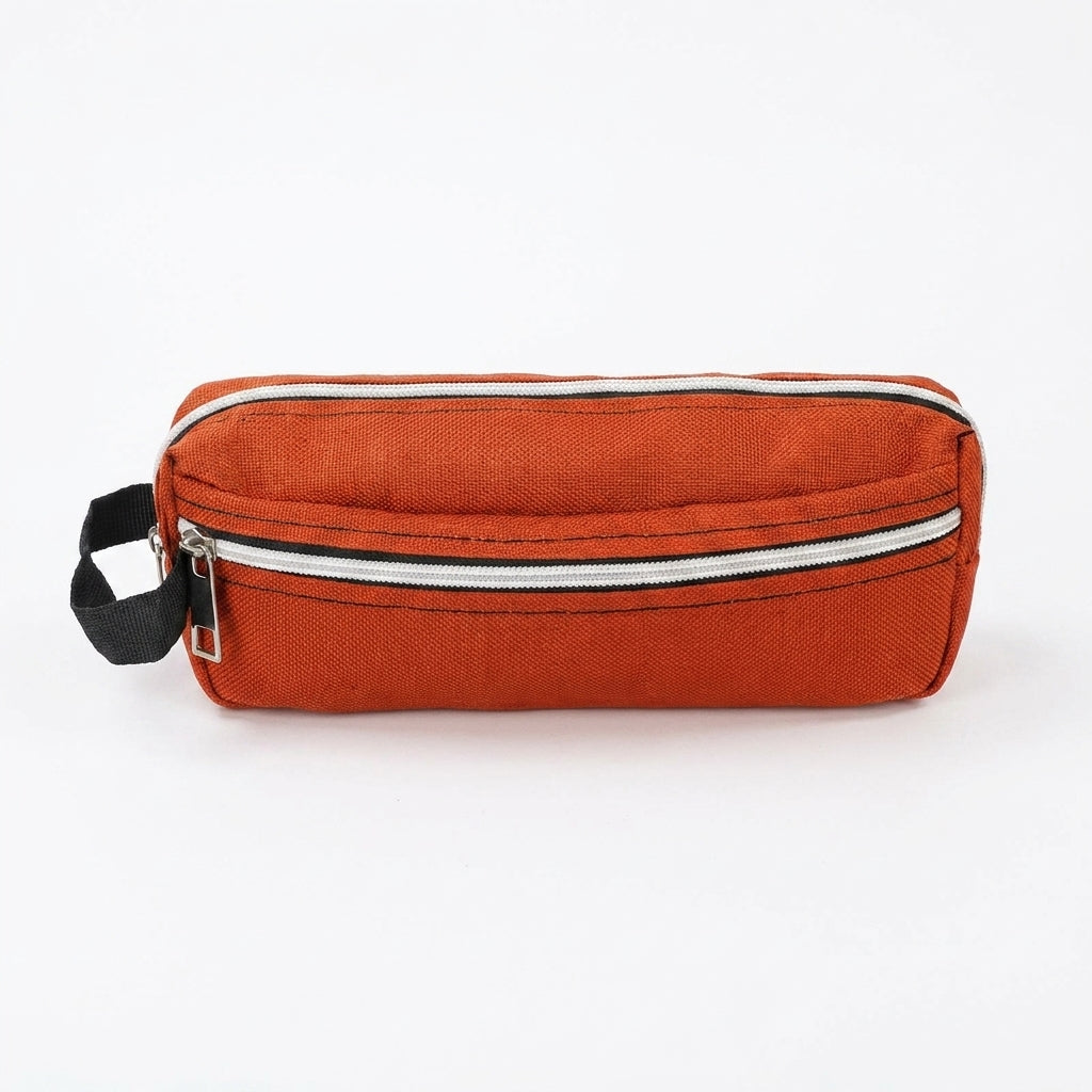 Al Basant orange canvas pencil pouch with white and black striped trim and black carry handle