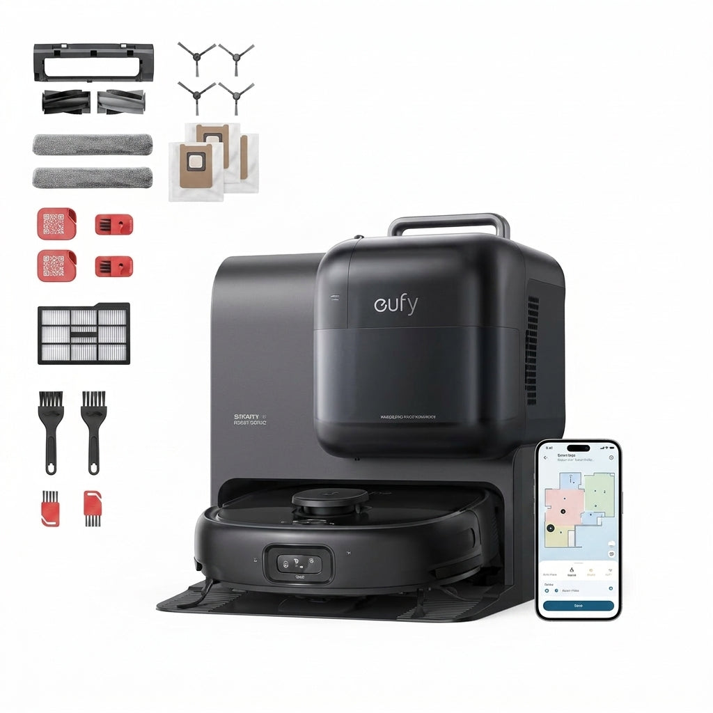 Eufy X9 Pro black robot vacuum with auto-empty dock station, smartphone app, and complete accessory kit.