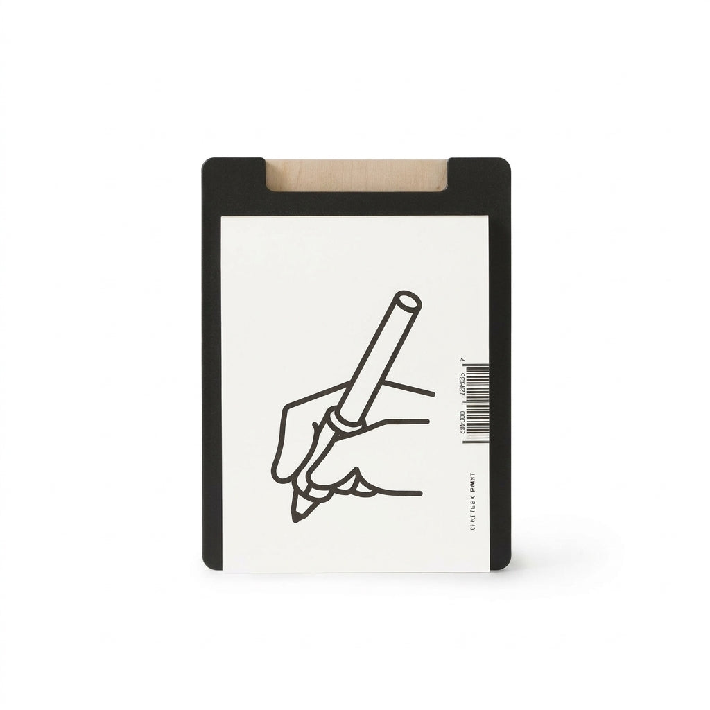 Al Memo Board with black frame, natural wood clip, and line-art hand-holding-pen illustration on white surface