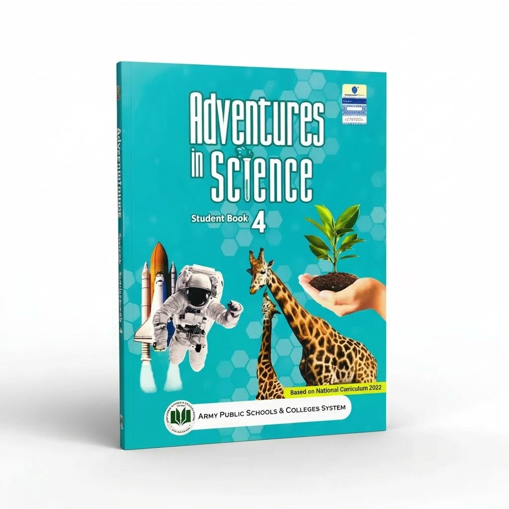 Adventures in Science Student Book 4 turquoise cover with astronaut, space shuttle, giraffes, and plant imagery