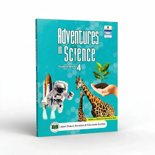 Adventures in Science Student Book 4 turquoise cover with astronaut, space shuttle, giraffes, and plant imagery