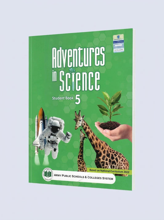 Adventures in Science Student Book 5, 2nd Edition 2024 textbook with green cover featuring astronaut, giraffe, and plant imagery