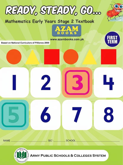AZAM Ready Steady Go Mathematics Early Years Stage 2 First Term textbook with colorful shapes and numbers 1-8 on green cover