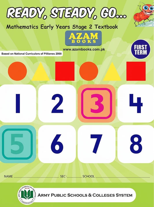 Ready Steady Go Mathematics Early Years Stage 2 Textbook with colorful shapes and numbers 1-8 displayed on green cover