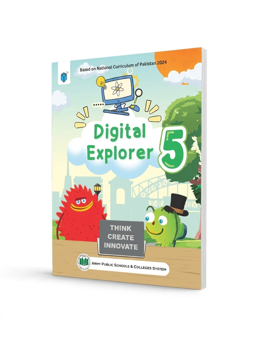 Digital Explorer 5 textbook cover with animated characters, computer icon, and colorful landscape design for Grade 5 students.
