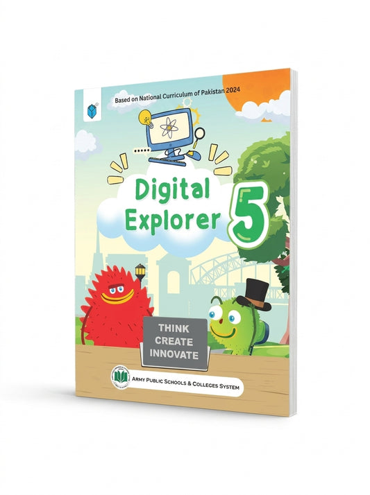 Digital Explorer 5 textbook cover with animated characters, computer icon, and colorful landscape design for Grade 5 students.