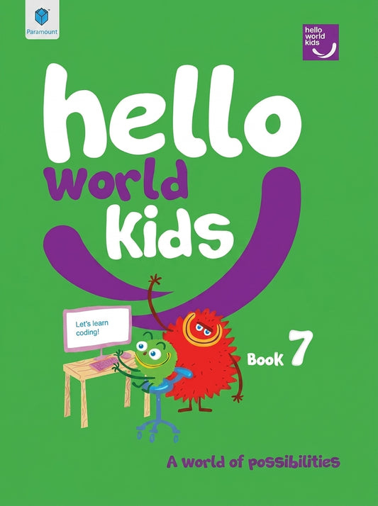 Hello World Kids Book 7 cover featuring green background, white text, purple smile design, cartoon characters learning to code