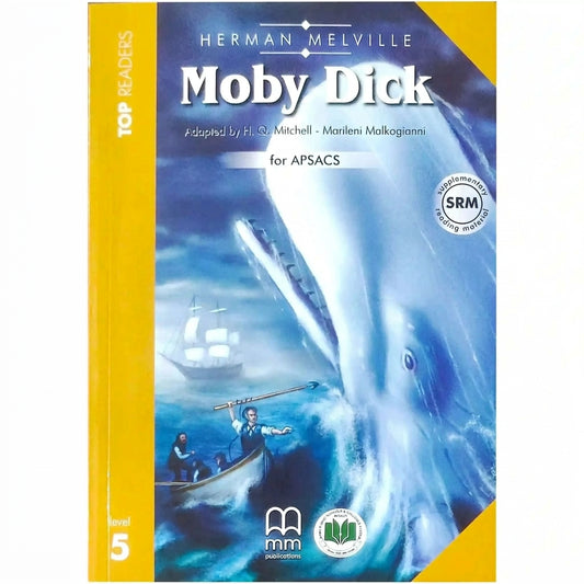 Moby Dick student book pack featuring dramatic ocean imagery with white whale and sailing ship, yellow spine marked 'level 5', adapted by H.Q. Mitchell and Marileni Malkogianní