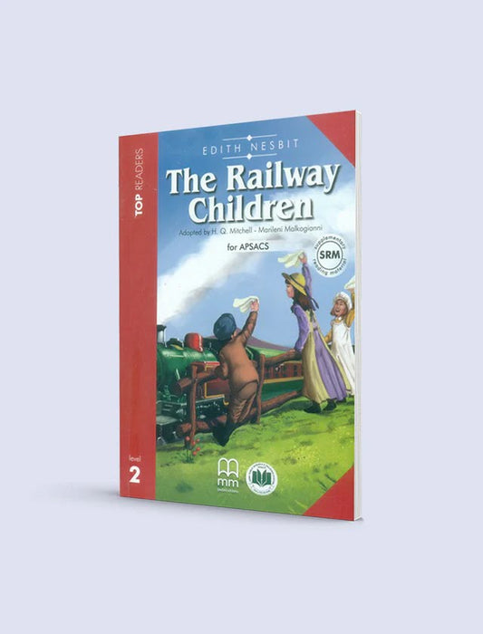 The Railway Children Student Pack Level 2 book cover showing children by a steam train with green landscape and red corner design, Edith Nesbit