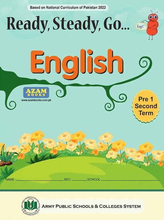 Ready Steady Go English Pre 1 Second Term workbook cover with turquoise background, green vine designs, yellow flowers, and AZAM Books logo