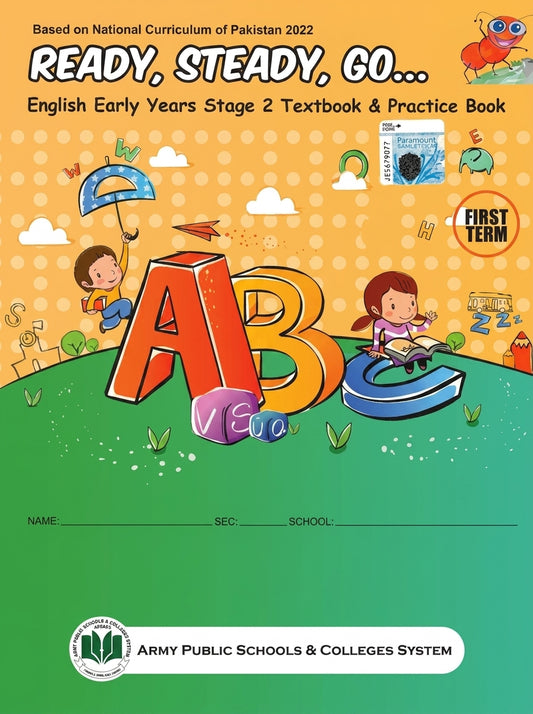 Ready Steady Go English Early Years Stage 2 Term 1 textbook and practice book with colorful ABC illustration and cartoon children