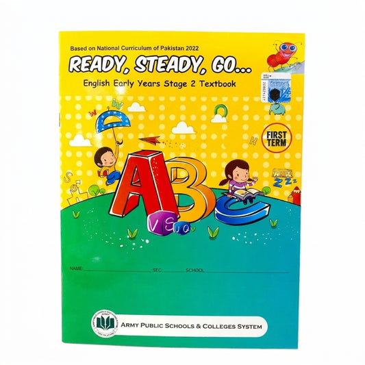 Ready Steady Go English Early Years Stage 2 textbook with colorful ABC letters, children illustrations, yellow and green cover design