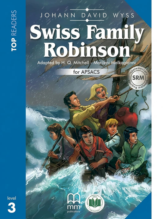 Swiss Family Robinson Level 3 book cover with family in stormy ocean scene, adapted for APSACS with SRM seal.