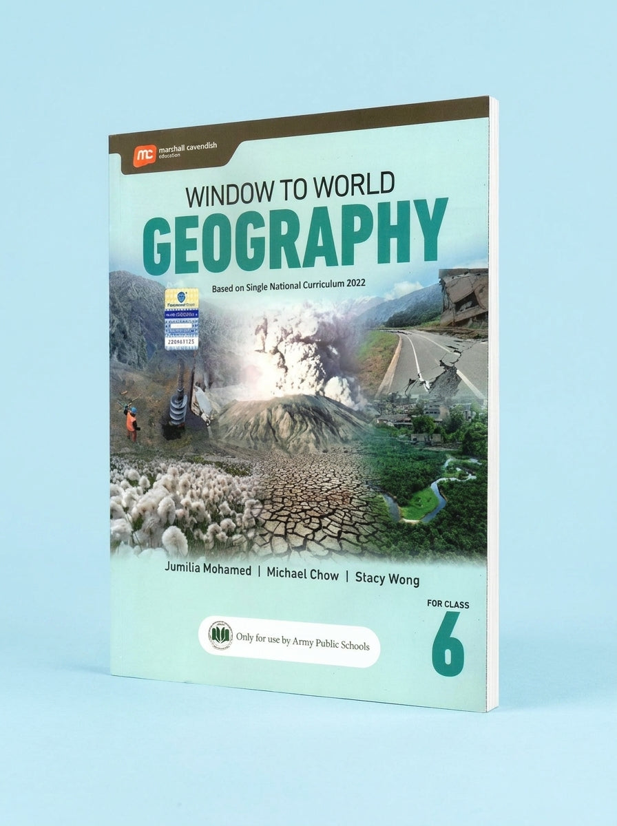 Window to World Geography Class 6 textbook with light green cover showing volcano, mountains, river, and drought imagery.