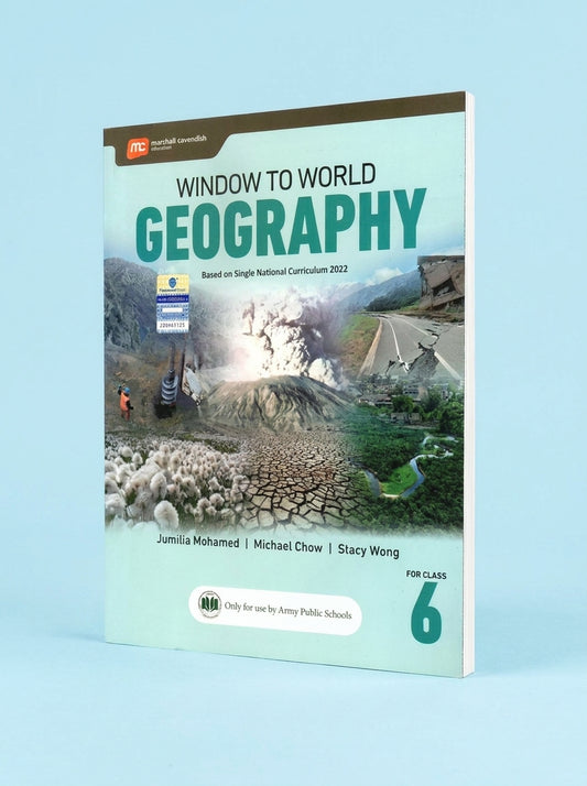 Window to World Geography Class 6 textbook with light blue cover featuring volcanic eruption, mountains, drought, and valley images, Marshall Cavendish Education branding