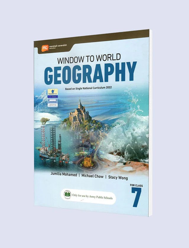 Window to World Geography Class 7 textbook with illustrated cover featuring castle, ocean, and natural landmarks. Harcourt Omnimath publisher logo visible.