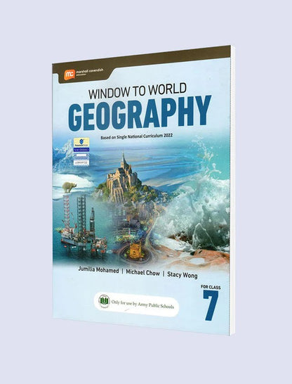 Window to World Geography Class 7 textbook with illustrated cover featuring castle, ocean, and natural landmarks. Harcourt Omnimath publisher logo visible.