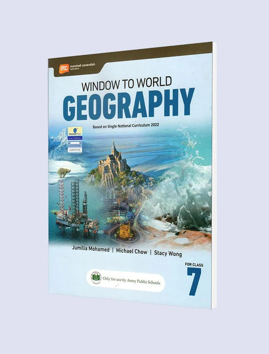 Window to World Geography Class 7 textbook cover with castle, ocean, oil rig, and natural landscape imagery on light blue background