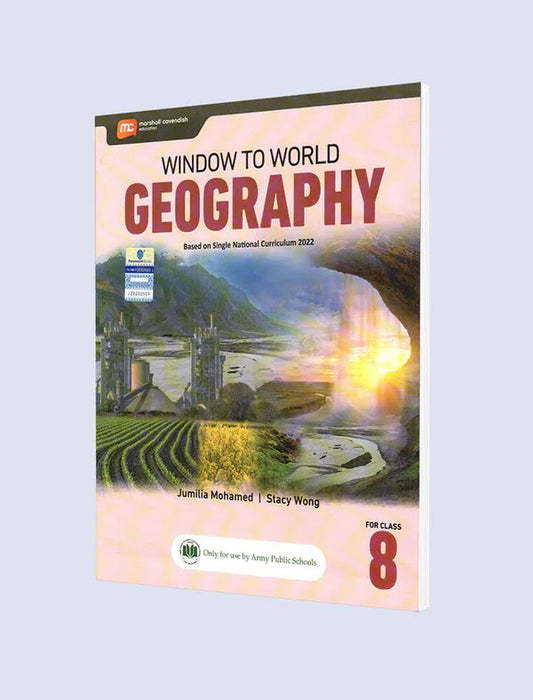 Window to World Geography Class 8 textbook cover with mountain landscape, agricultural fields, and sunset imagery
