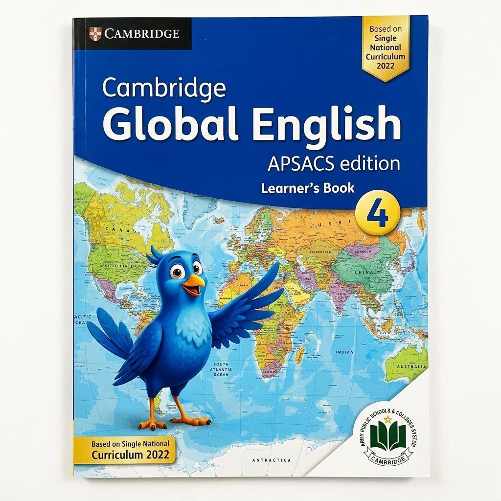Cambridge Global English APSACS Edition Learner's Book 4 with blue cover, world map background, and blue bird character