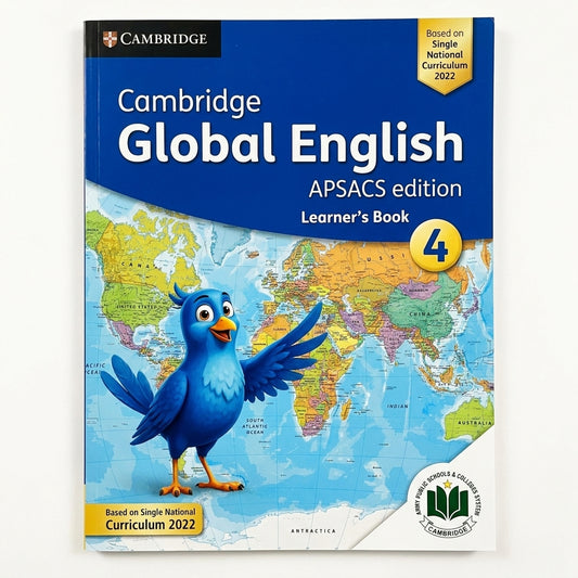 Cambridge Global English APSACS Edition Learner's Book 4 with blue cover, world map background, and blue bird character