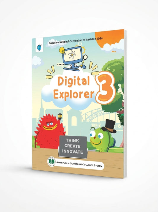 Digital Explorer 3 textbook cover with cartoon characters, computer illustration, and "Think Create Innovate" tagline for Grade 3 students