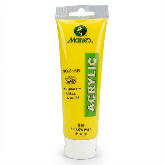 Marries Acrylic Paint 75ml tube in Yellow Pale (216) with green label, displayed in retail packaging with hang tab