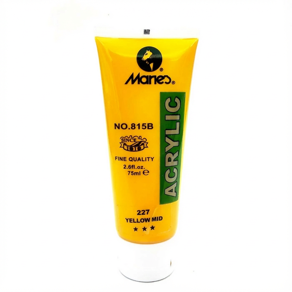 Maries Acrylic Paint 75ml tube No.815B Yellow Mid (Color 227) in bright yellow packaging with green label