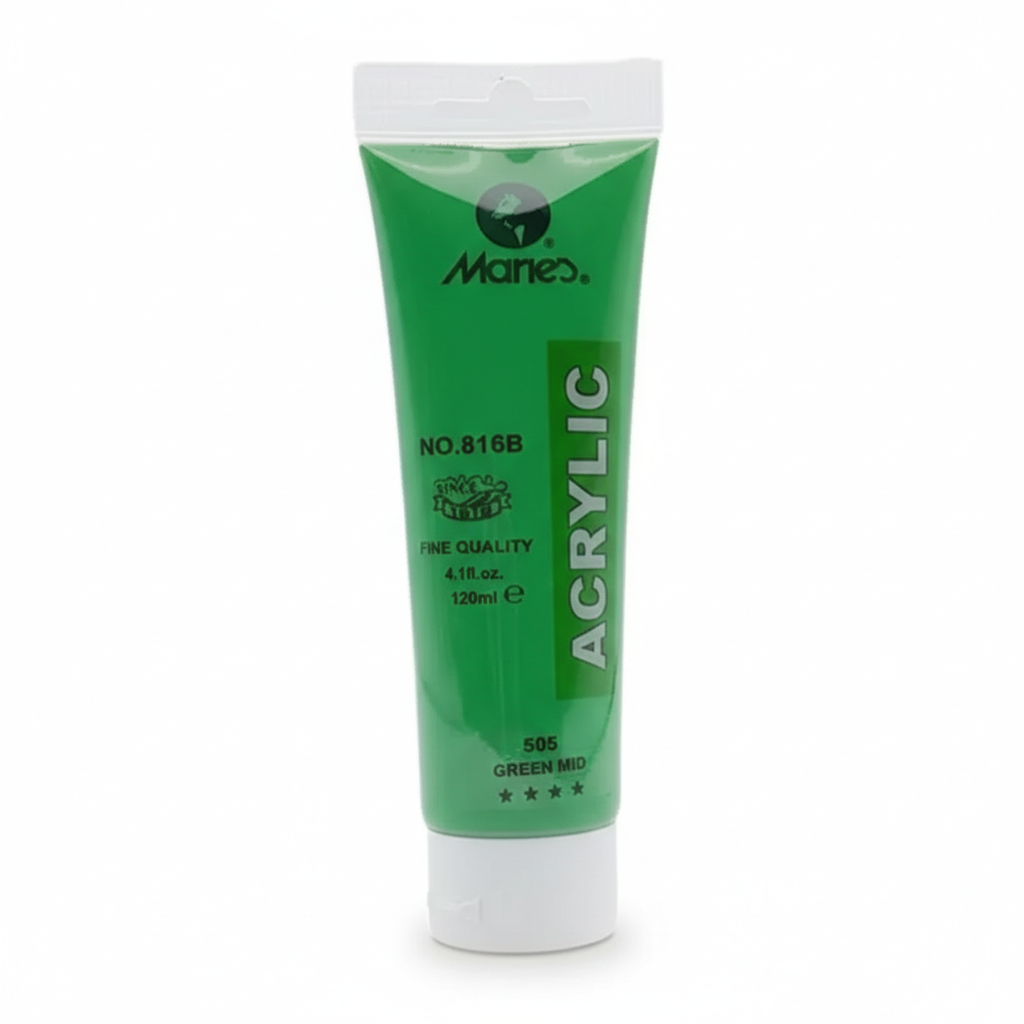 Maries Acrylic Paint tube, 120ml, Green Mid shade 505, No. 816B, green tube with white cap