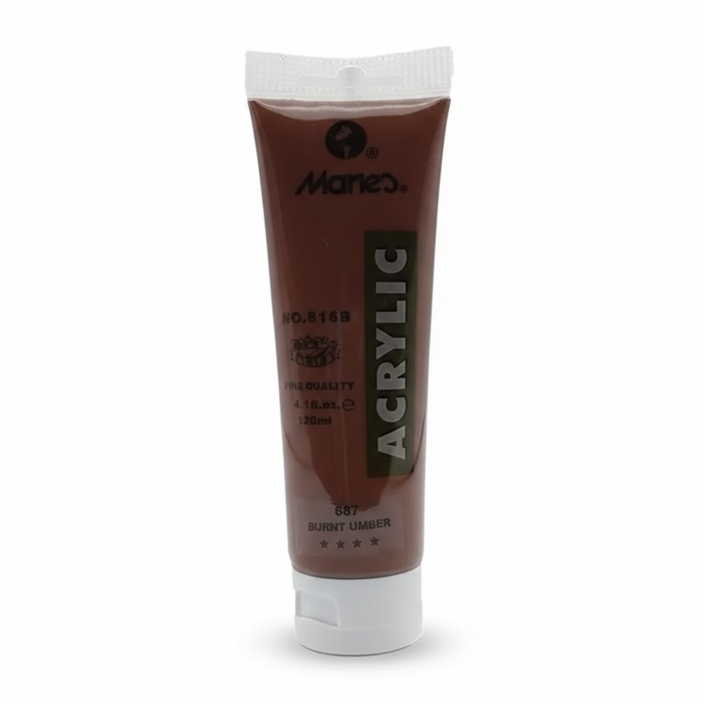 Maries Acrylic Paint 75ml tube in Burnt Umber (687) with white twist cap and labeled packaging