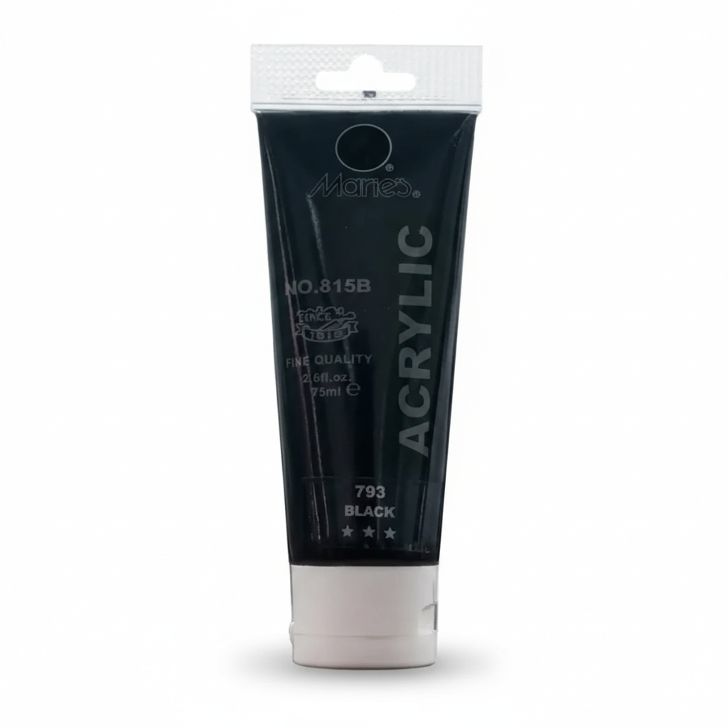 Marries Acrylic Paint 75ml tube in Black (793) with white cap and black packaging