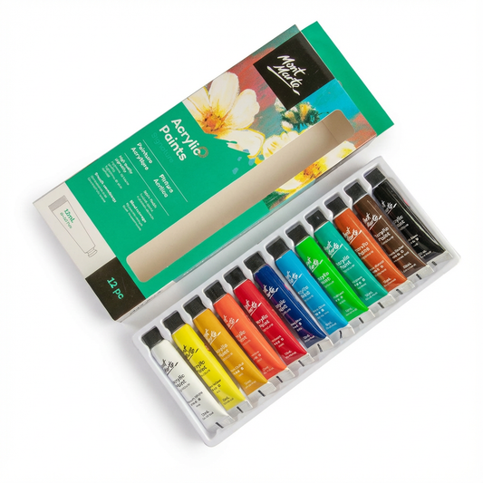 Mont Marte Acrylic Paint Set 12 colors 12ml tubes in white storage tray with green packaging and brush included