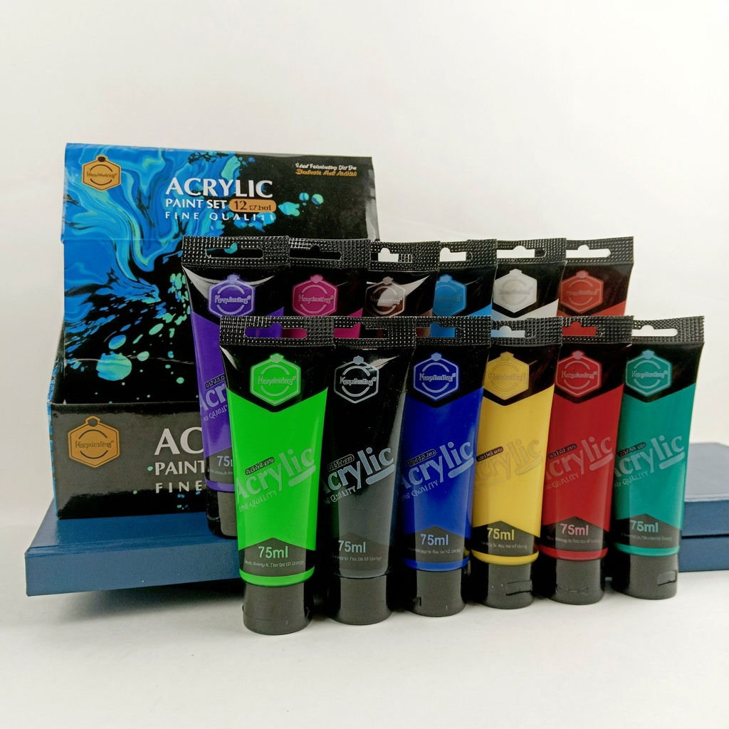 Acrylic paint set with 6 color tubes (75ml each) - green, black, blue, yellow, red, turquoise - displayed with hexagonal color caps and branded packaging