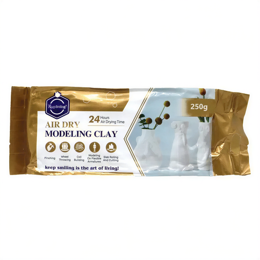 Keep Smiling Air Dry Modeling Clay 250g white package with gold foil packaging and product samples