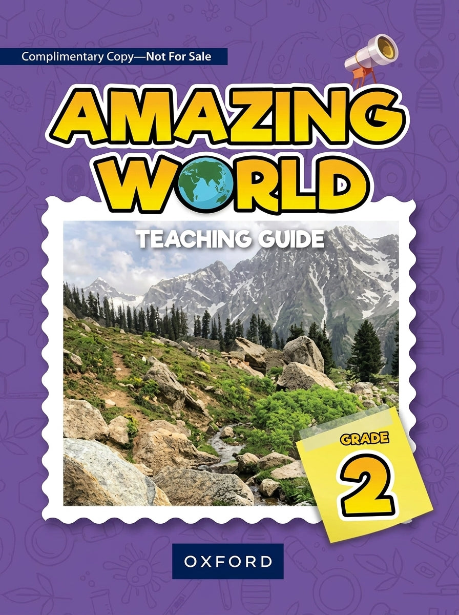 Amazing World Teaching Guide Grade 2 by Oxford with purple cover and mountain landscape photo