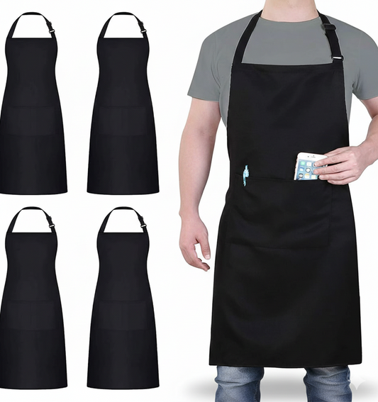 Pack of 4 black aprons with halter neck straps and pockets, shown in flat display and on-model demonstration, professional large size
