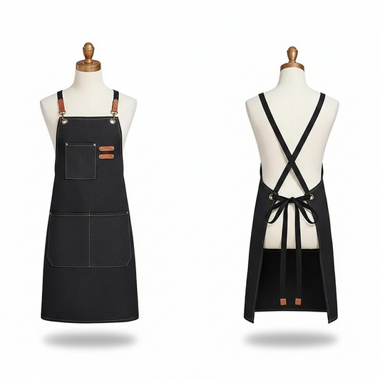 Black denim apron M with brown leather shoulder straps, front and back views showing utility pockets and crossback tie design on dress form