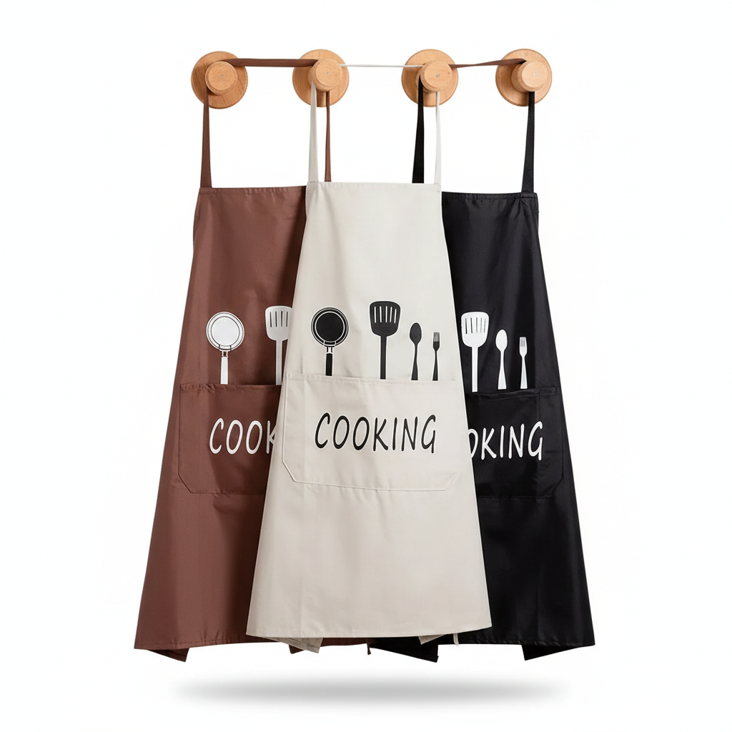 Three cooking aprons displayed on wooden hanger - brown, cream, and black with utensil graphic prints and front pockets
