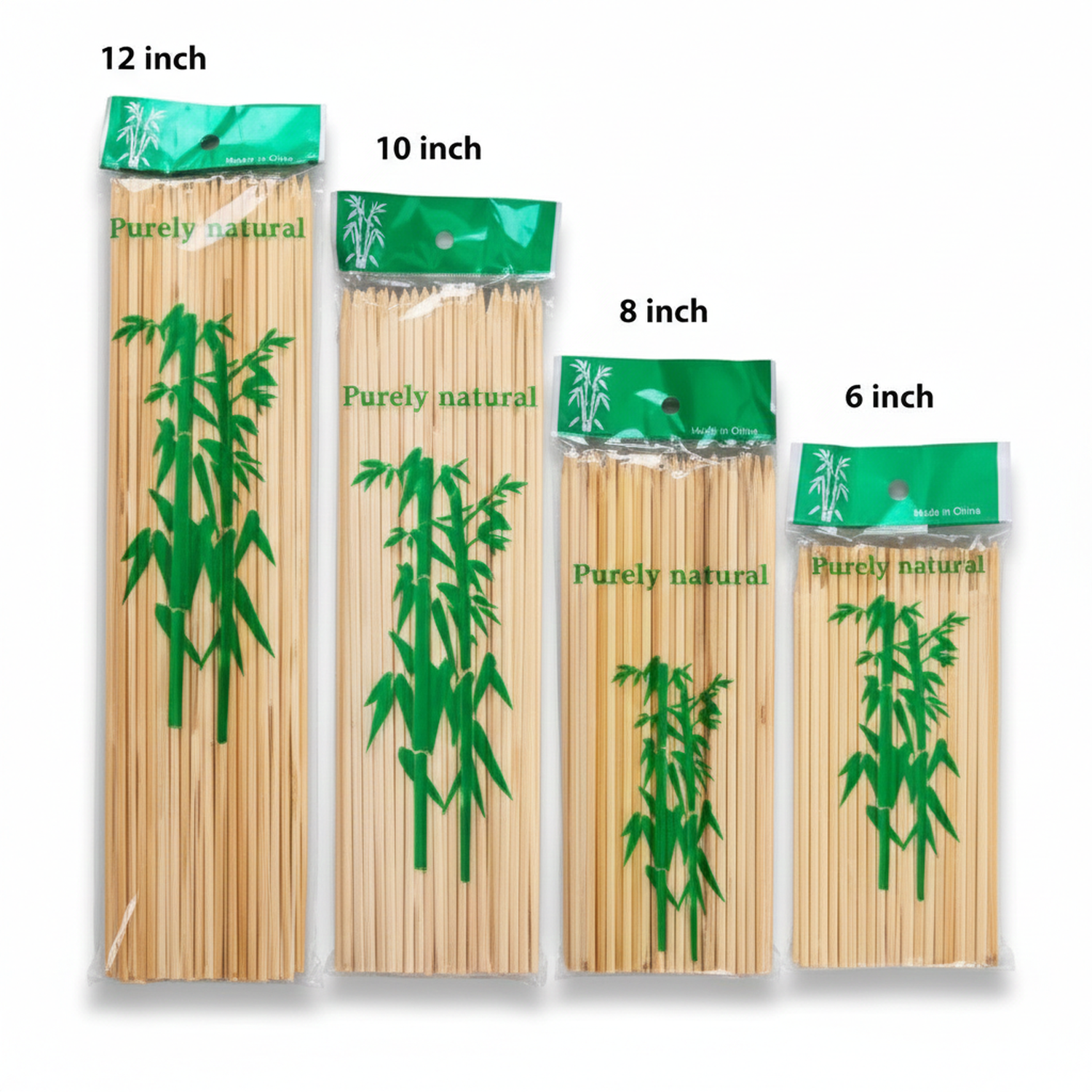Purely Natural Art Bamboo Sticks displayed in four sizes: 12 inch, 10 inch, 8 inch, and 6 inch packages with green bamboo design packaging
