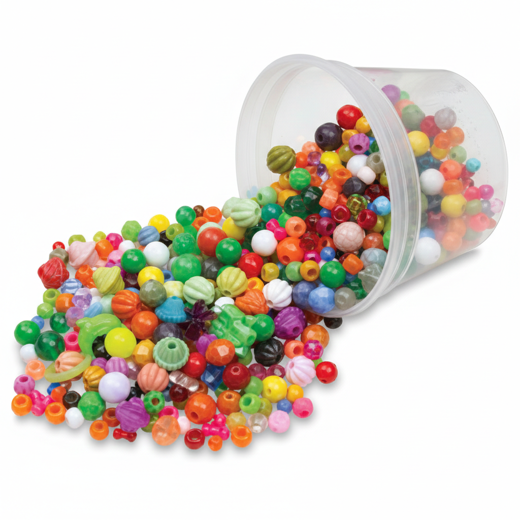 Art Beads 500+ piece assorted color collection spilling from clear plastic storage container with lid, featuring colorful beads in multiple sizes, shapes and finishes