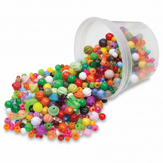 Art Beads 500+ piece assorted color collection spilling from clear plastic storage container with lid, featuring colorful beads in multiple sizes, shapes and finishes