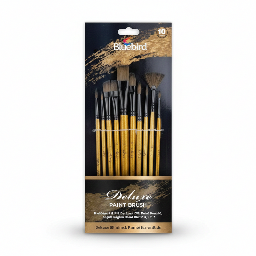Bluebird Deluxe Paint Brush Set with 10 golden-handled brushes of various sizes and shapes in clear storage holder on black packaging.