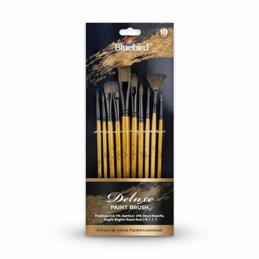 Bluebird Deluxe Paint Brush Set with 10 golden-handled brushes of various sizes and shapes in clear storage holder on black packaging.