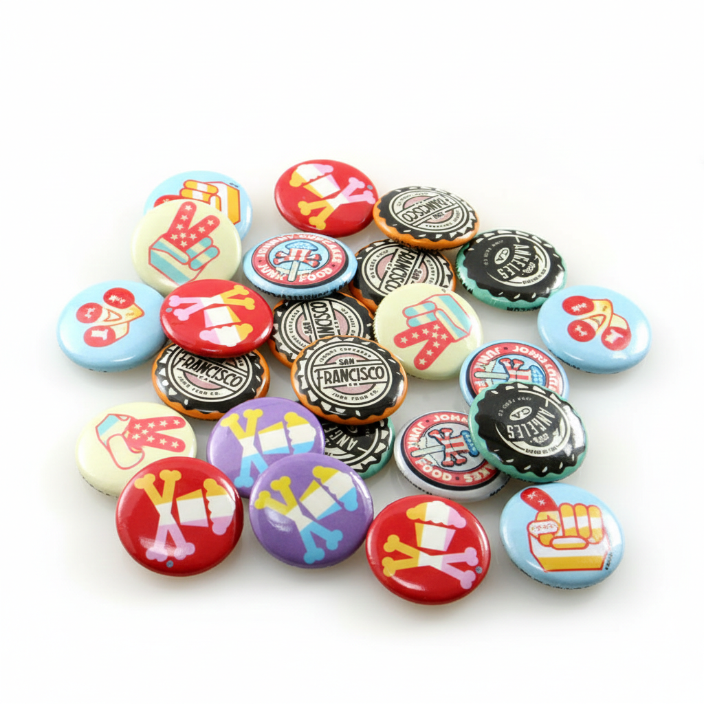 25 assorted art buttons and pin badges in various designs including bottle caps, graphics in red, blue and cream colors arranged on white background