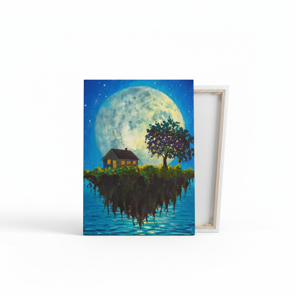 Moonlit Island Canvas Painting featuring a floating island with glowing house, tree, and moon backdrop on stretched canvas with white frame