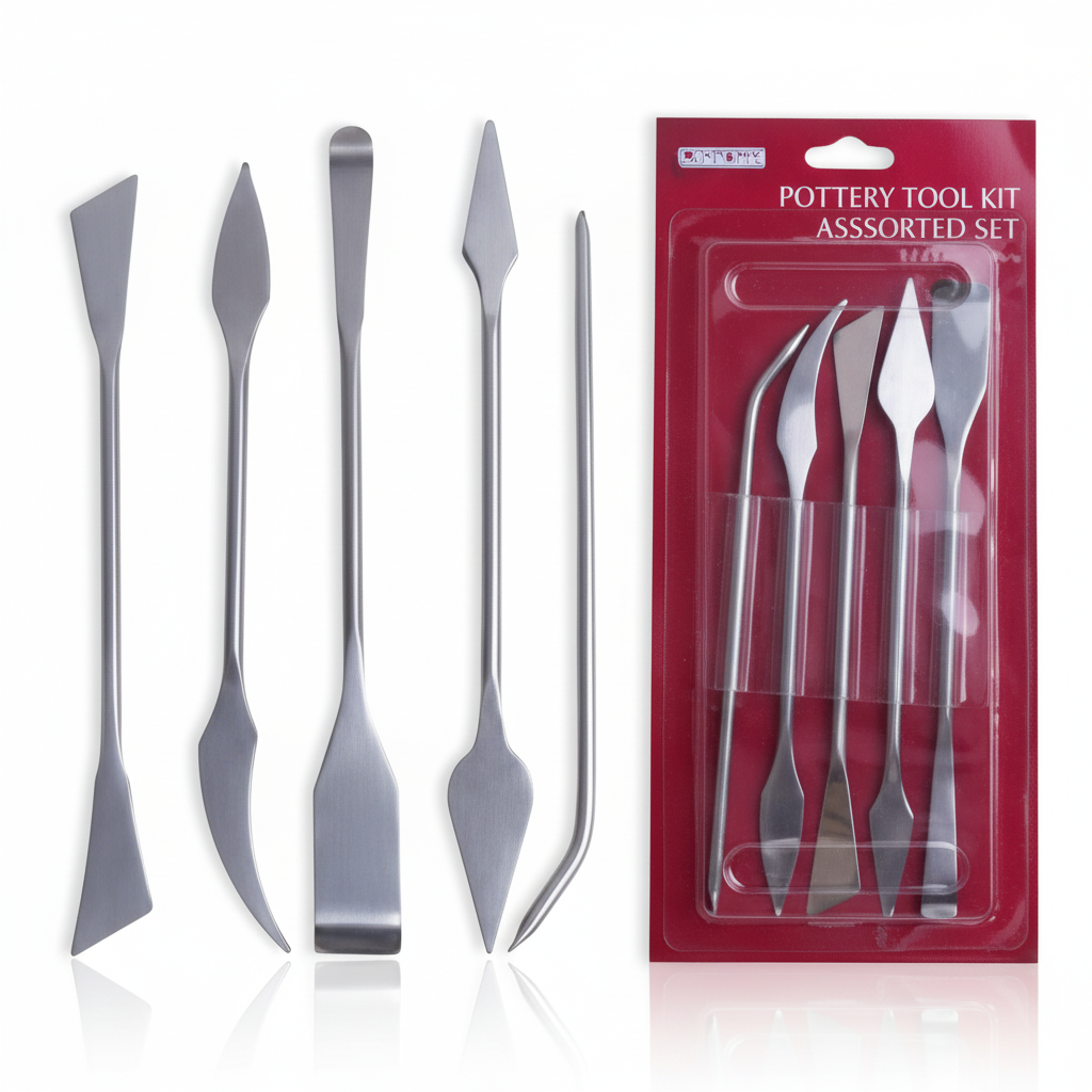 Art Clay Tool 5Pcs Pottery Tool Kit Assorted Set showing five stainless steel sculpting tools with varied shapes in red packaging.