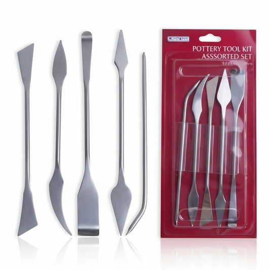 Art Clay Tool 5Pcs Pottery Tool Kit Assorted Set showing five stainless steel sculpting tools with varied shapes in red packaging.