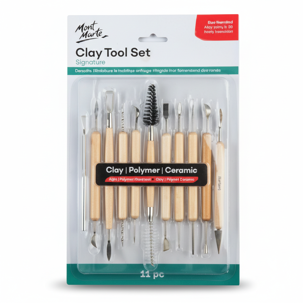 Mont Marte Signature Clay Tool Set package showing 11 wooden-handled stainless steel tools including sculpting knives, loop carvers, dotting tools, and texture brush