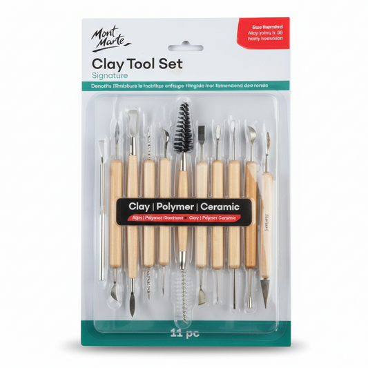 Mont Marte Signature Clay Tool Set package showing 11 wooden-handled stainless steel tools including sculpting knives, loop carvers, dotting tools, and texture brush